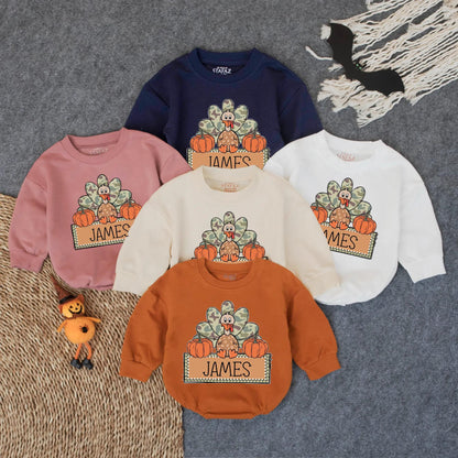 Custom Camo Turkey Boy First Thanksgiving Bubble Romper Infant Bodysuit Cozy Baby Fall Outfit Toddler Autumn Celebration Wear