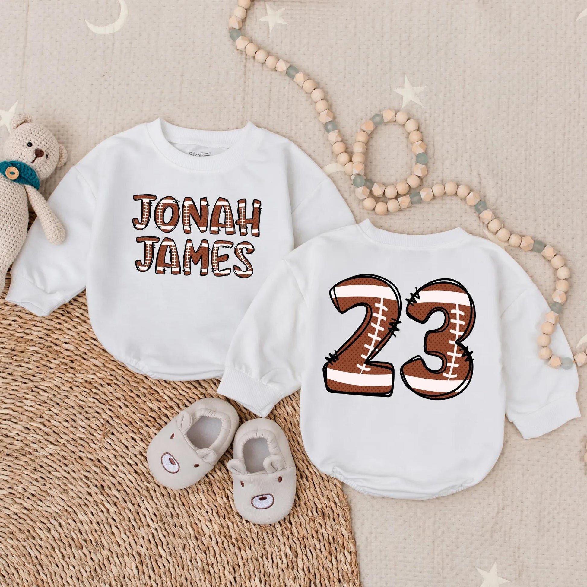Custom Football Baby Romper Game Day Outfit Cute Fall Natural Bodysuit Sports Toddler Gift for Baby Shower Pregnancy Reveal Fathers Day