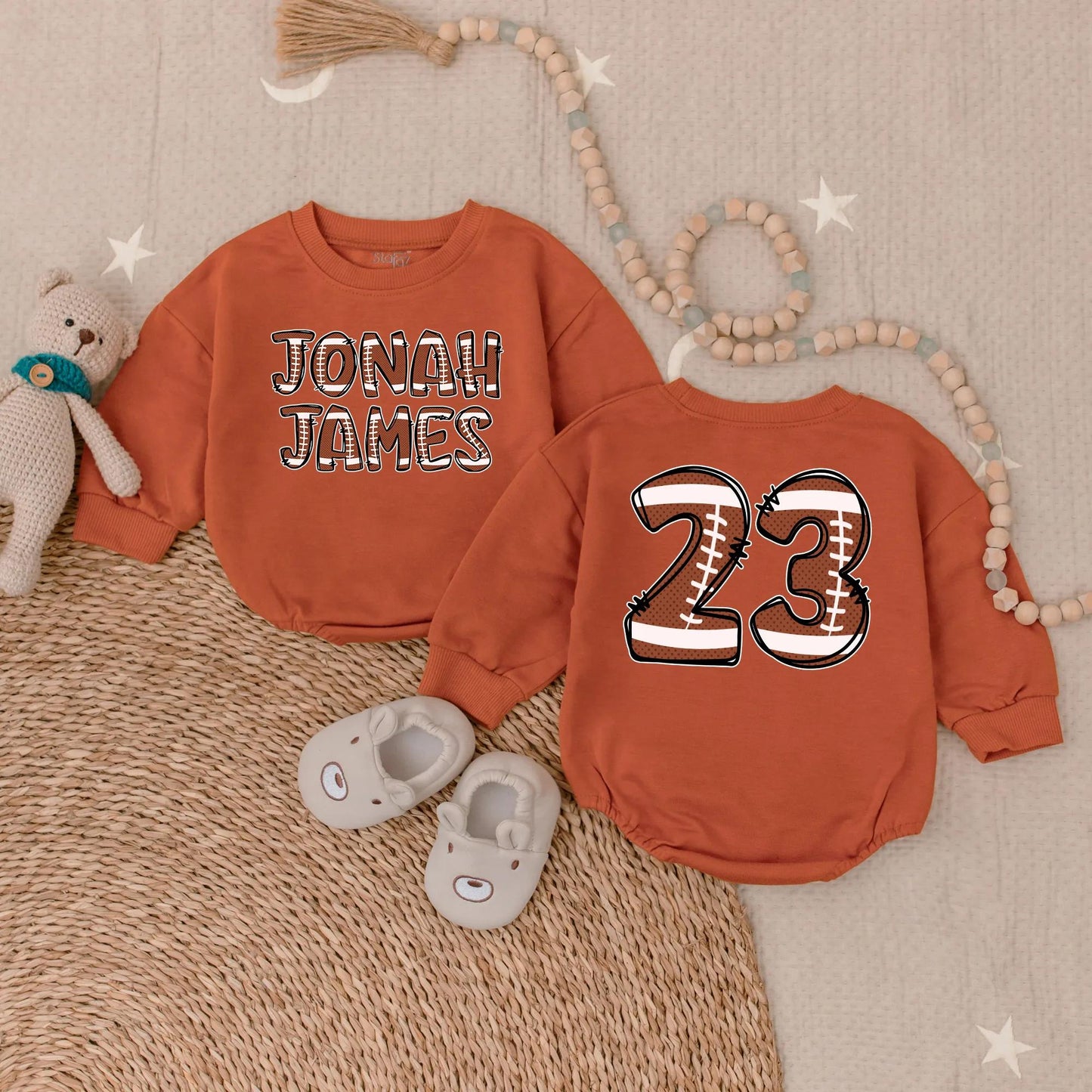 Custom Football Baby Romper Game Day Outfit Cute Fall Natural Bodysuit Sports Toddler Gift for Baby Shower Pregnancy Reveal Fathers Day