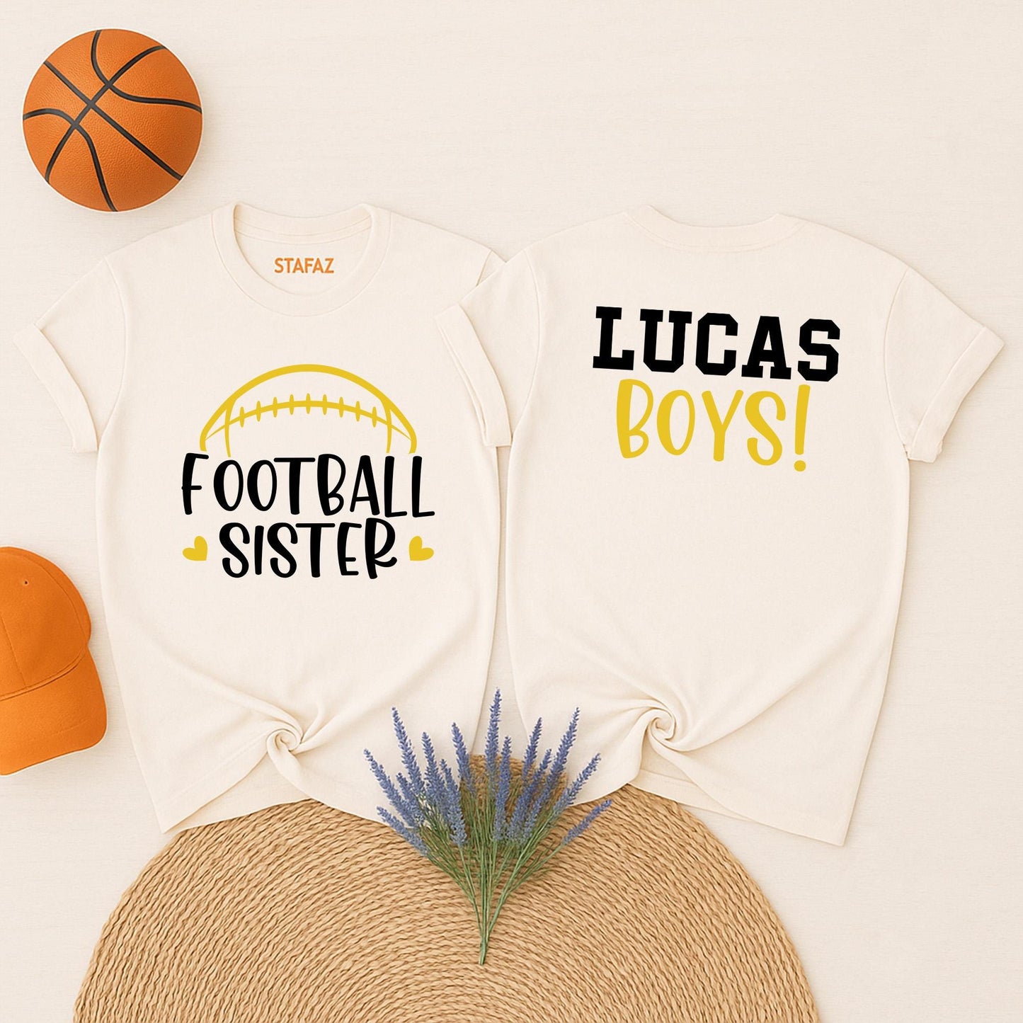 Personalized Name Number Football Sister Shirt with Front and Back Design, Two Player Team Spirit Wear for Game Day Athletic Comfort