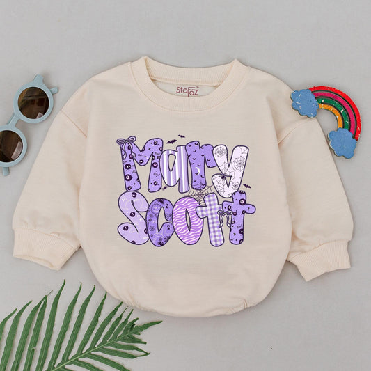 Personalized Purple Halloween Name Romper My First Halloween Bodysuit for Baby Girl or Boy Halloween Birthday Outfit Baby Shower Gift