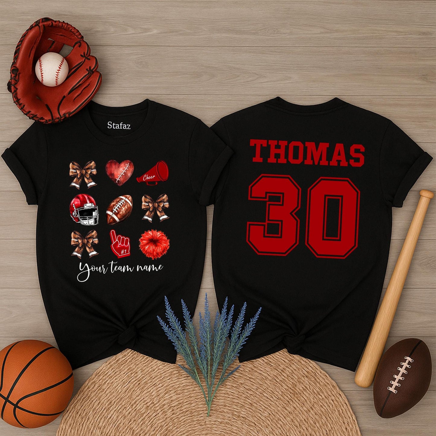 Custom Team Name Football Bow Shirt Cheer Mom School Mascot Coquette Style Game Day Apparel for Cheerleaders and Supportive Fans