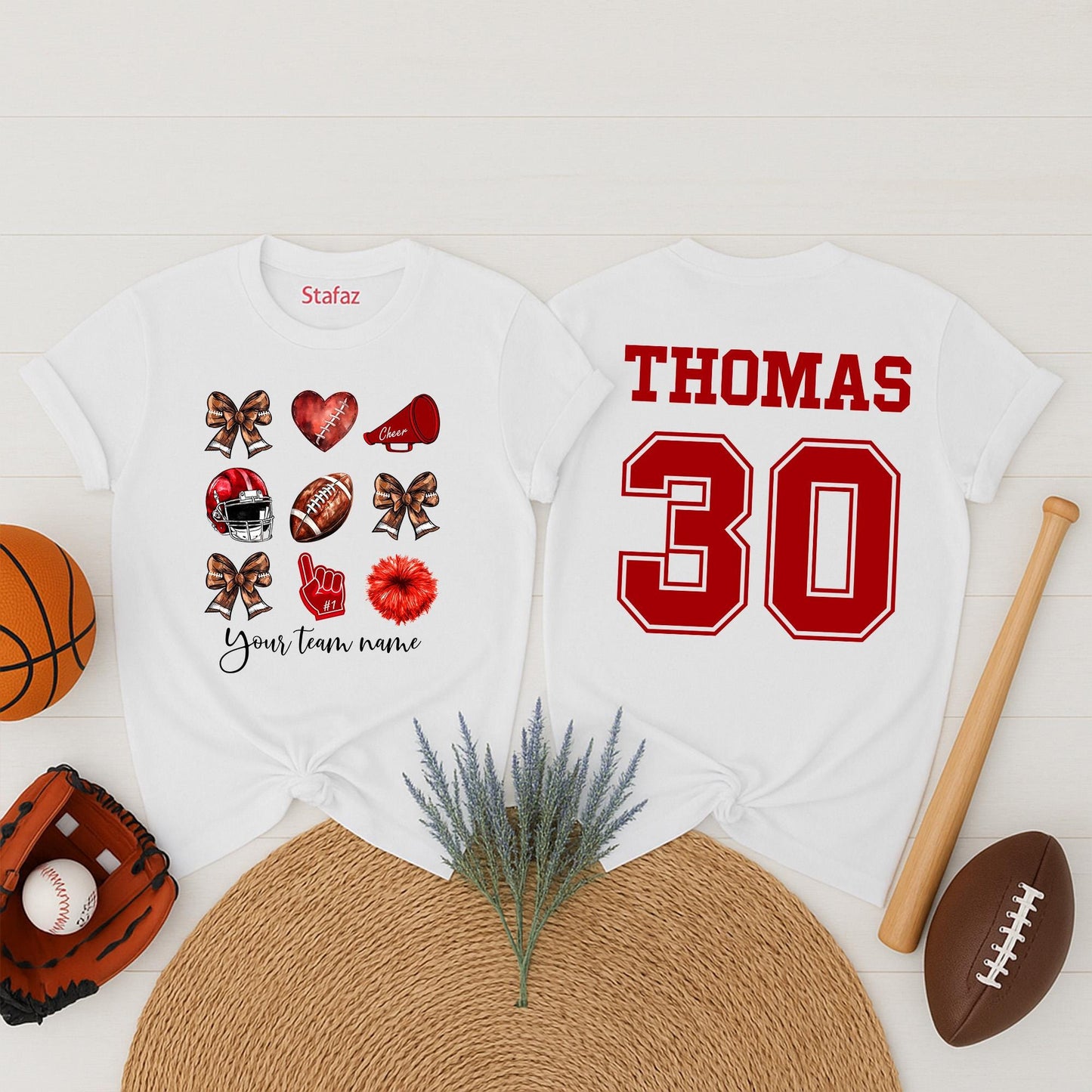 Custom Team Name Football Bow Shirt Cheer Mom School Mascot Coquette Style Game Day Apparel for Cheerleaders and Supportive Fans