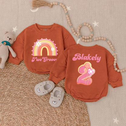 Two Groovy Girl Bubble Romper Personalized Hippie Birthday Bodysuit Baby Girl First Birthday Outfit Gift Two Year Old