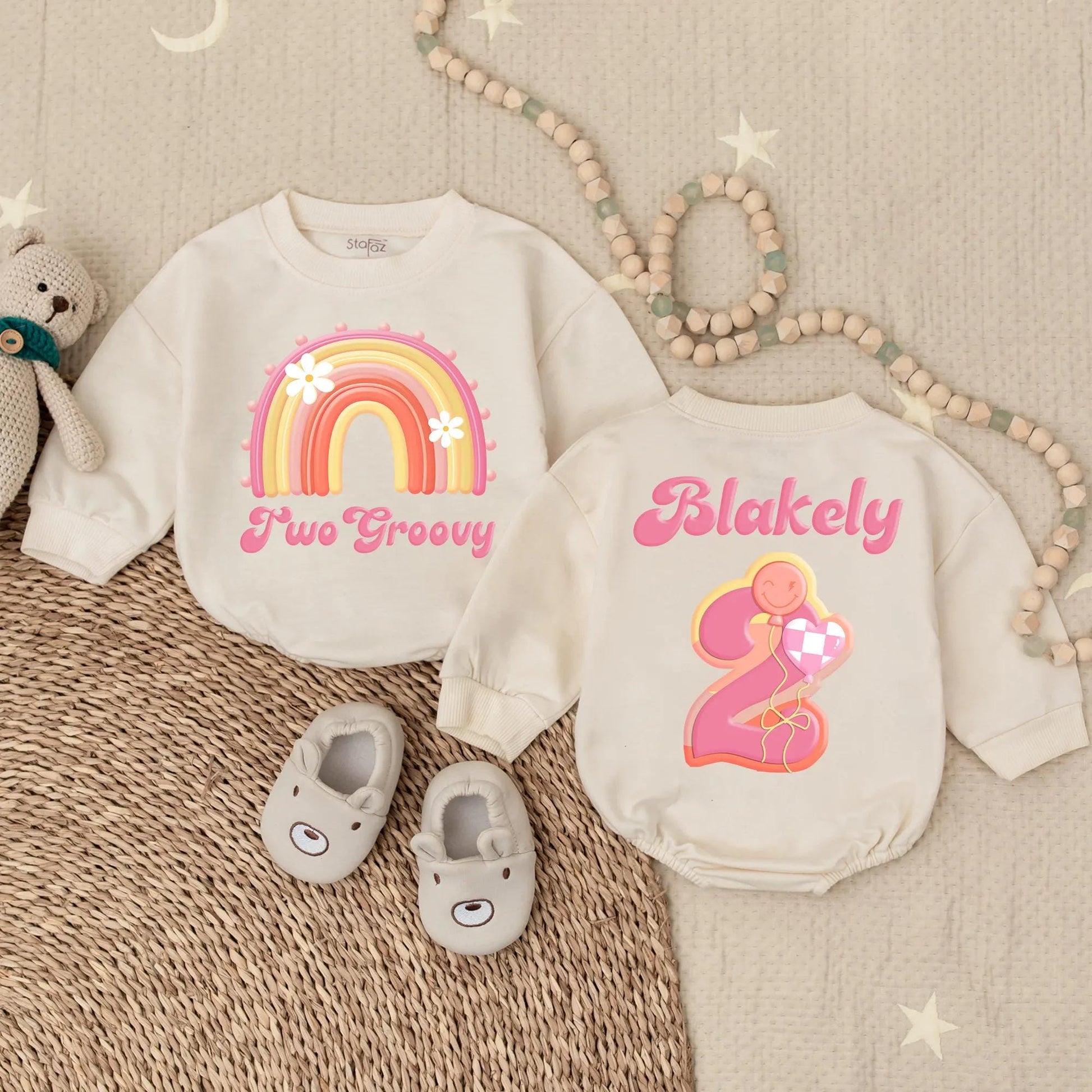 Two Groovy Girl Bubble Romper Personalized Hippie Birthday Bodysuit Baby Girl First Birthday Outfit Gift Two Year Old