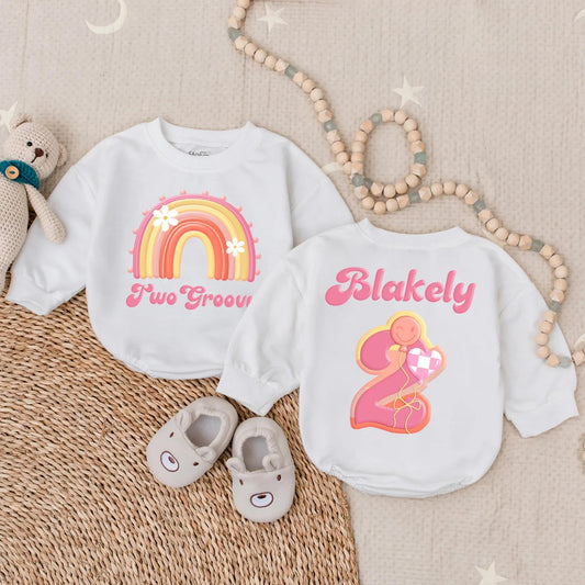 Two Groovy Girl Bubble Romper Personalized Hippie Birthday Bodysuit Baby Girl First Birthday Outfit Gift Two Year Old