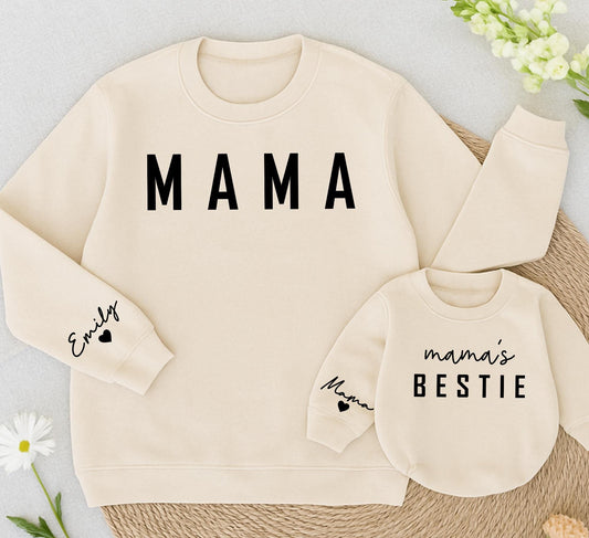Mama & Mama's Bestie Matching Sweatshirts Cozy Minimalist Dark Lettering Mom Daughter Outfit Family Gift 