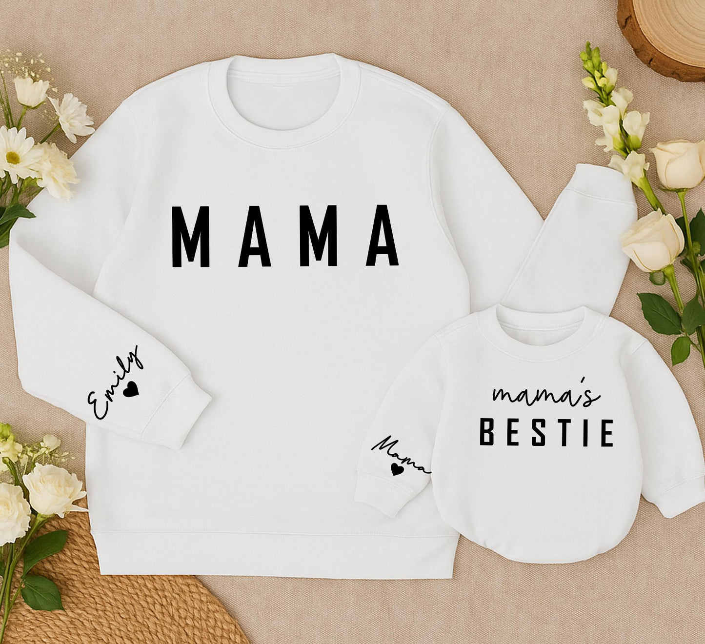 Mama & Mama's Bestie Matching Sweatshirts Cozy Minimalist Dark Lettering Mom Daughter Outfit Family Gift 