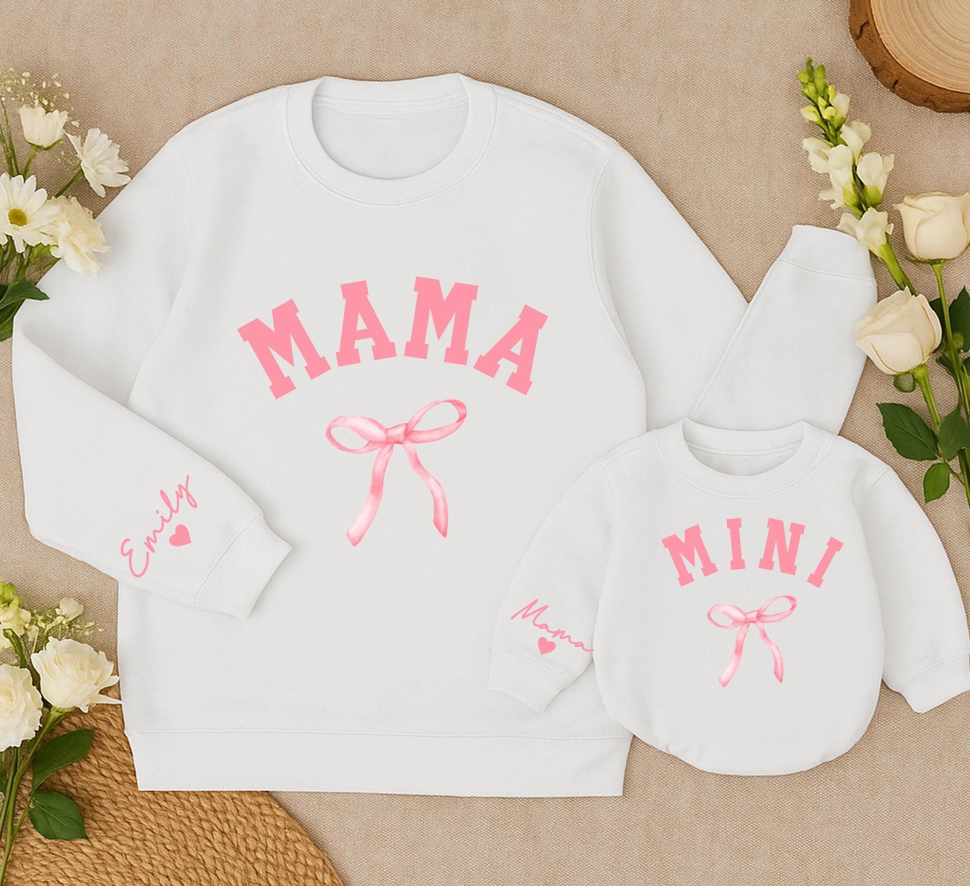 Matching Mama Mini Pink Bow Sweatshirts, Mom and Daughter Gift, Baby Girl Outfit, Emily Heart Sleeve, Family Cozy Sweater, Christmas Winter
