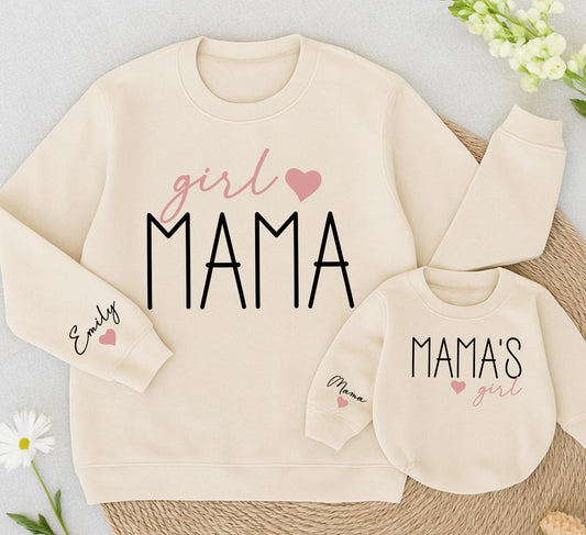 Custom Mama and Girl Matching Sweatshirt Romper Set for Mom and Baby Daughter Pink Heart Detail Cozy Christmas Gift for Her