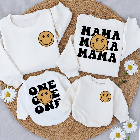 Matching First Birthday Happy Dude Family Outfit Golden Yellow Smiley Face Sweatshirt Bodysuit Romper Baby Mom Dad Gift Playful Modern Style