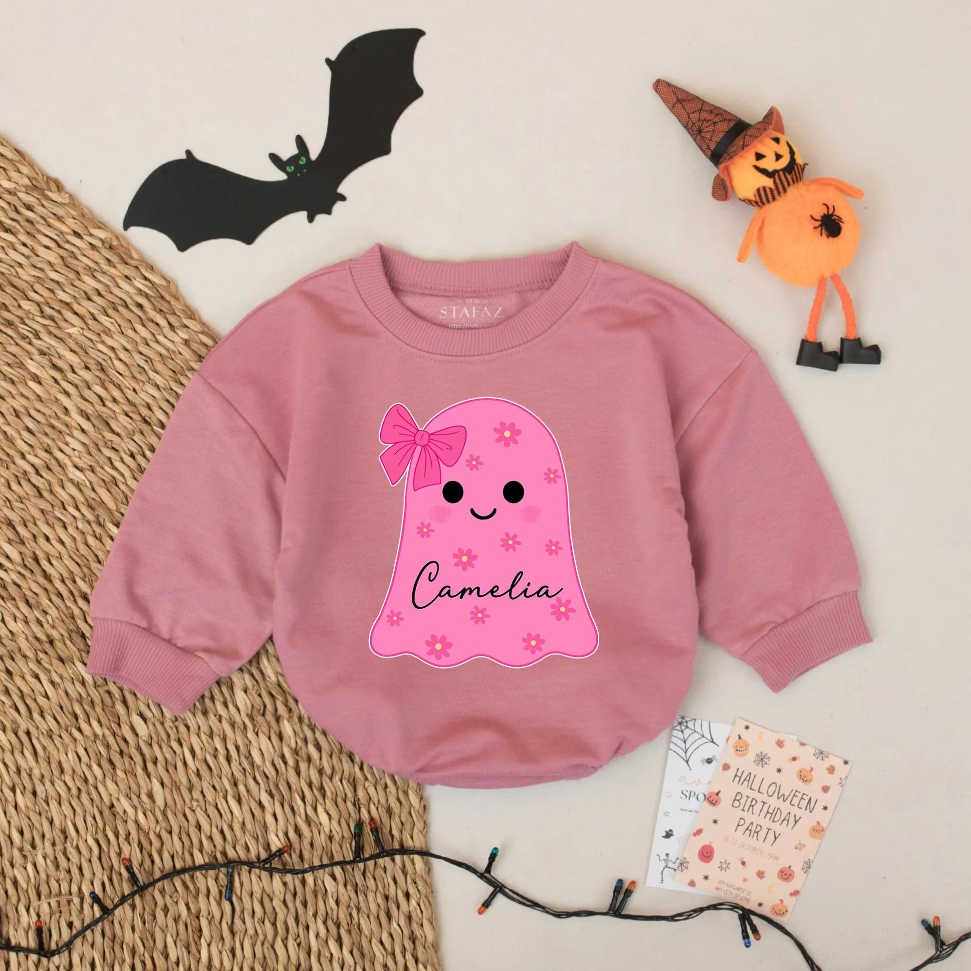 Cute Pink Ghost Baby Romper with Camelia Name Personalization Baby Girl Halloween Outfit Cozy Cotton