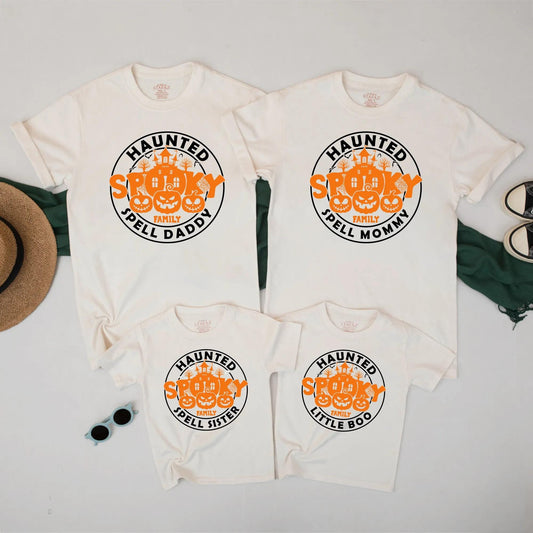 Personalized Haunted Spooky Halloween Family Matching Shirts for Adults Kids featuring black orange jack-o'-lanterns & house design perfect spooky season gift