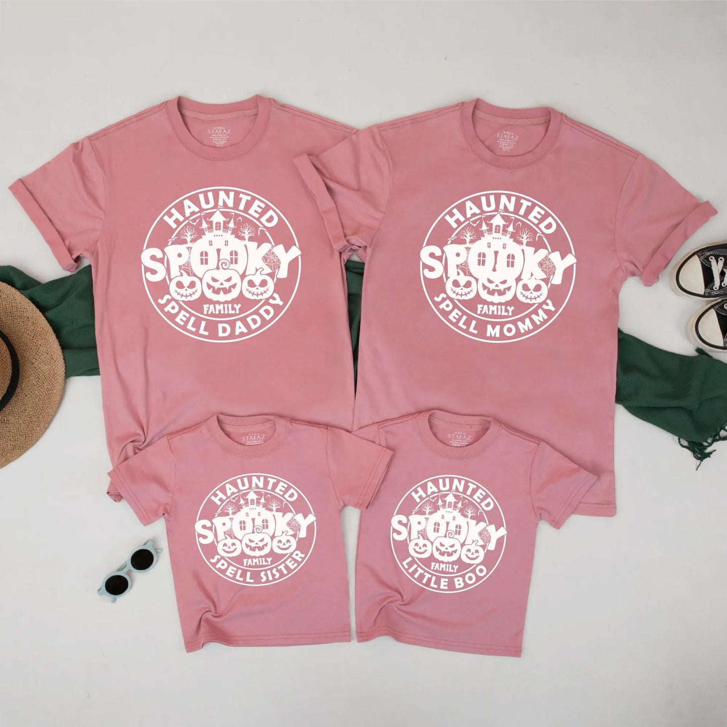 Personalized Haunted Spooky Halloween Family Matching Shirts for Adults Kids featuring black orange jack-o'-lanterns & house design perfect spooky season gift