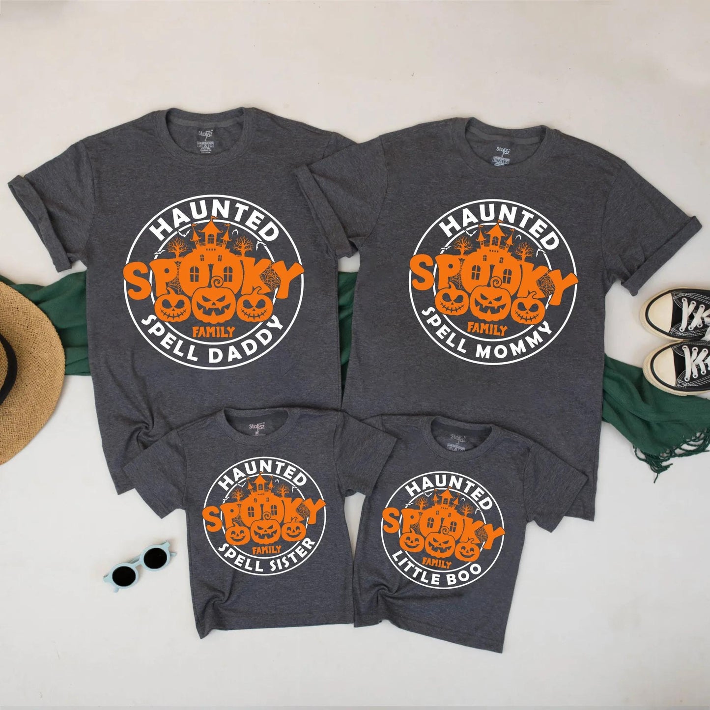 Personalized Haunted Spooky Halloween Family Matching Shirts for Adults Kids featuring black orange jack-o'-lanterns & house design perfect spooky season gift