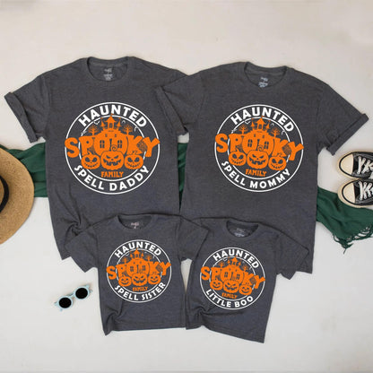 Personalized Haunted Spooky Halloween Family Matching Shirts for Adults Kids featuring black orange jack-o'-lanterns & house design perfect spooky season gift