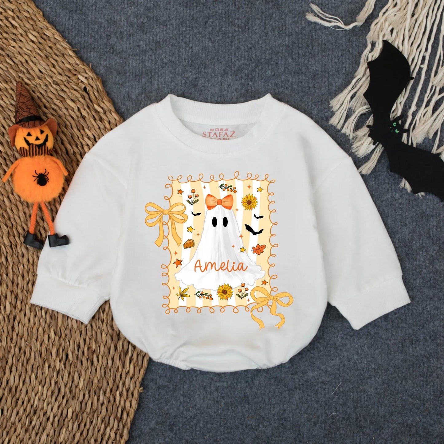 Cute Custom Ghost Baby Romper Amelia Halloween Outfit Orange Bow Spooky Season Infant Bodysuit Fall Gift