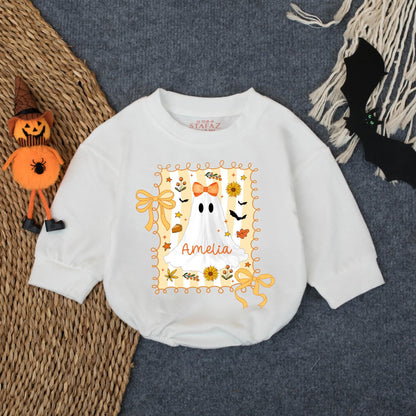 Cute Custom Ghost Baby Romper Amelia Halloween Outfit Orange Bow Spooky Season Infant Bodysuit Fall Gift