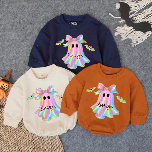 Customized Iridescent Boo Baby Romper First Halloween Outfit Oversized Infant Bodysuit Spooky Season Baby Halloween Gift