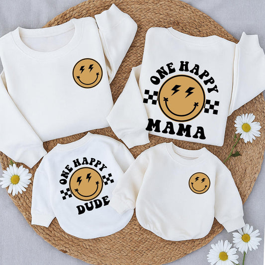 One Happy Dude Birthday Matching Set: Retro Smiley Face Outfit, First Birthday Bodysuit, Fun Checkered Design, Daddy and Me Sweatshirt, Cool Birthday Gift