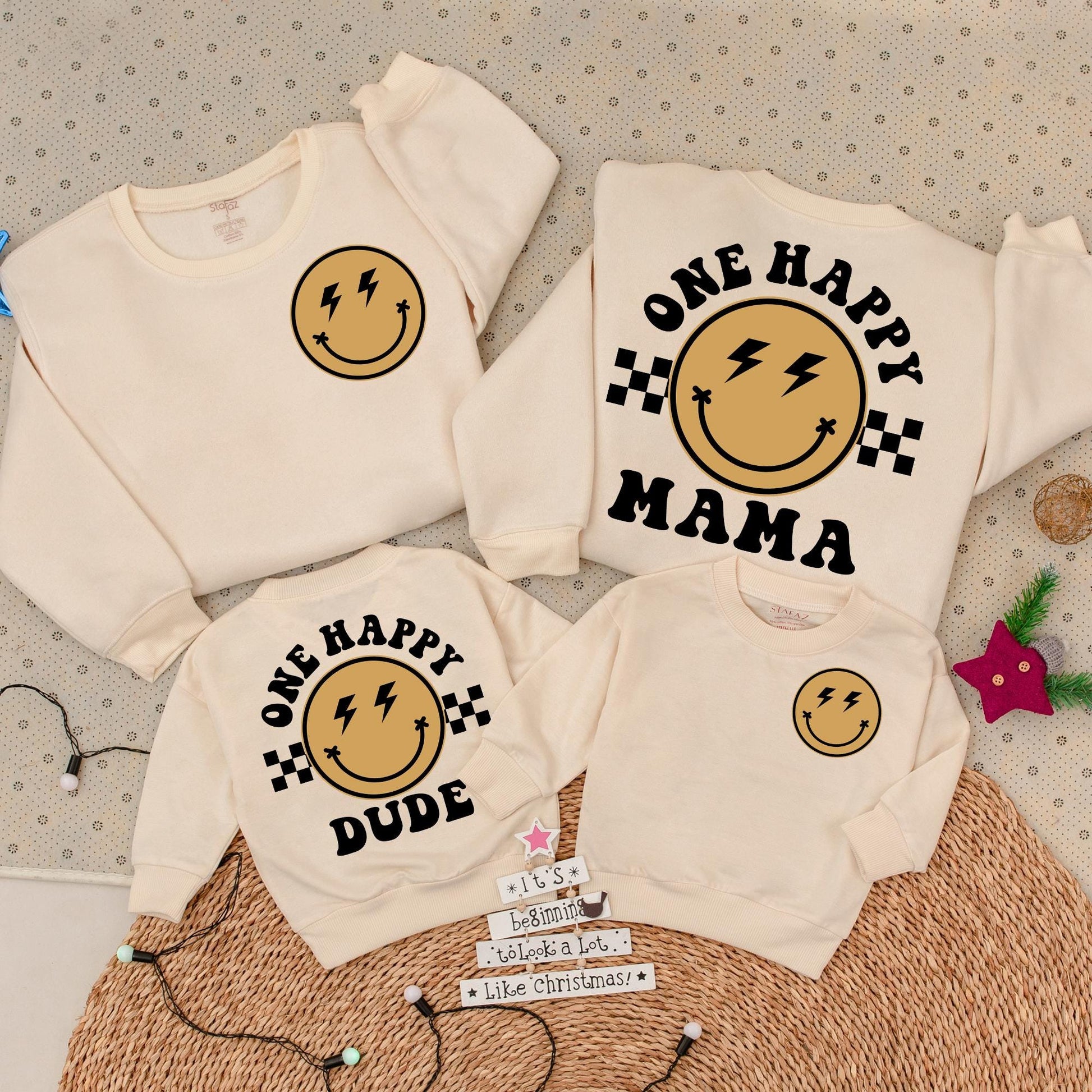One Happy Dude Birthday Matching Set: Retro Smiley Face Outfit, First Birthday Bodysuit, Fun Checkered Design, Daddy and Me Sweatshirt, Cool Birthday Gift