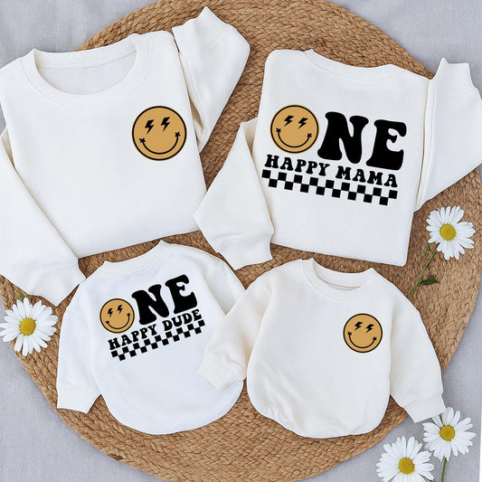 One Happy Dude 1st Birthday Matching Family Sweatshirt Set Smiley Face Party Outfit Tan Lightning Bolt Eyes First Birthday Bodysuit Mom Dad Gift (2 Sided) 