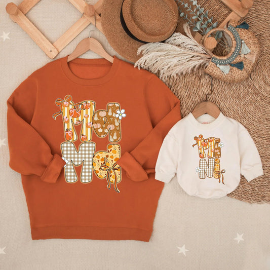 Cozy Mommy and Me Fall Sweatshirts with Sparkly Autumn Pumpkin Design, Soft Thanksgiving Mom Baby Outfits and Mother Daughter Sweaters