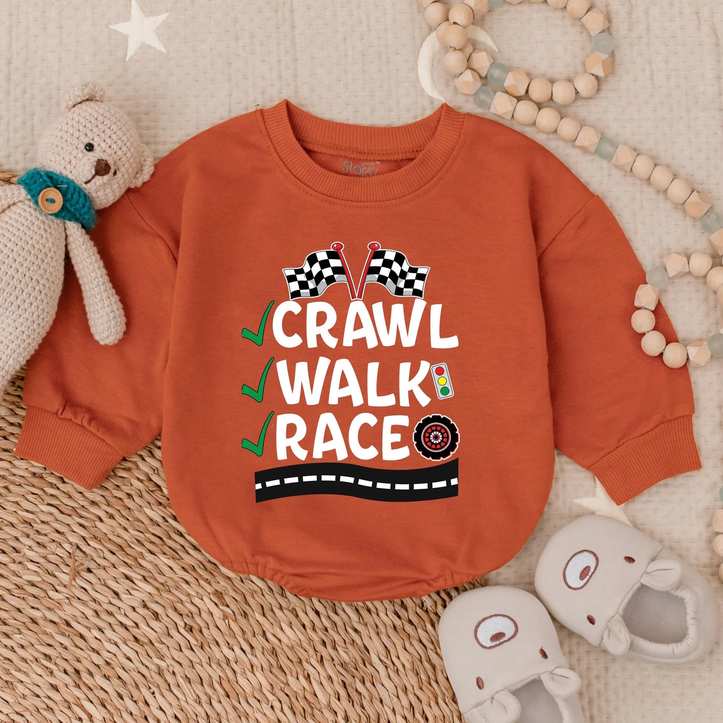 Crawl Walk Race Baby Bubble Bodysuit Funny Race Car Romper Baby Boy Racing Outfit Newborn Race Theme Clothes Fan Shower Gift