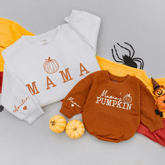 Personalized Mommy and Me Cozy Mama's Pumpkin Sweatshirt Romper Set Fall Matching Outfit First Halloween Thanksgiving Newborn Gift