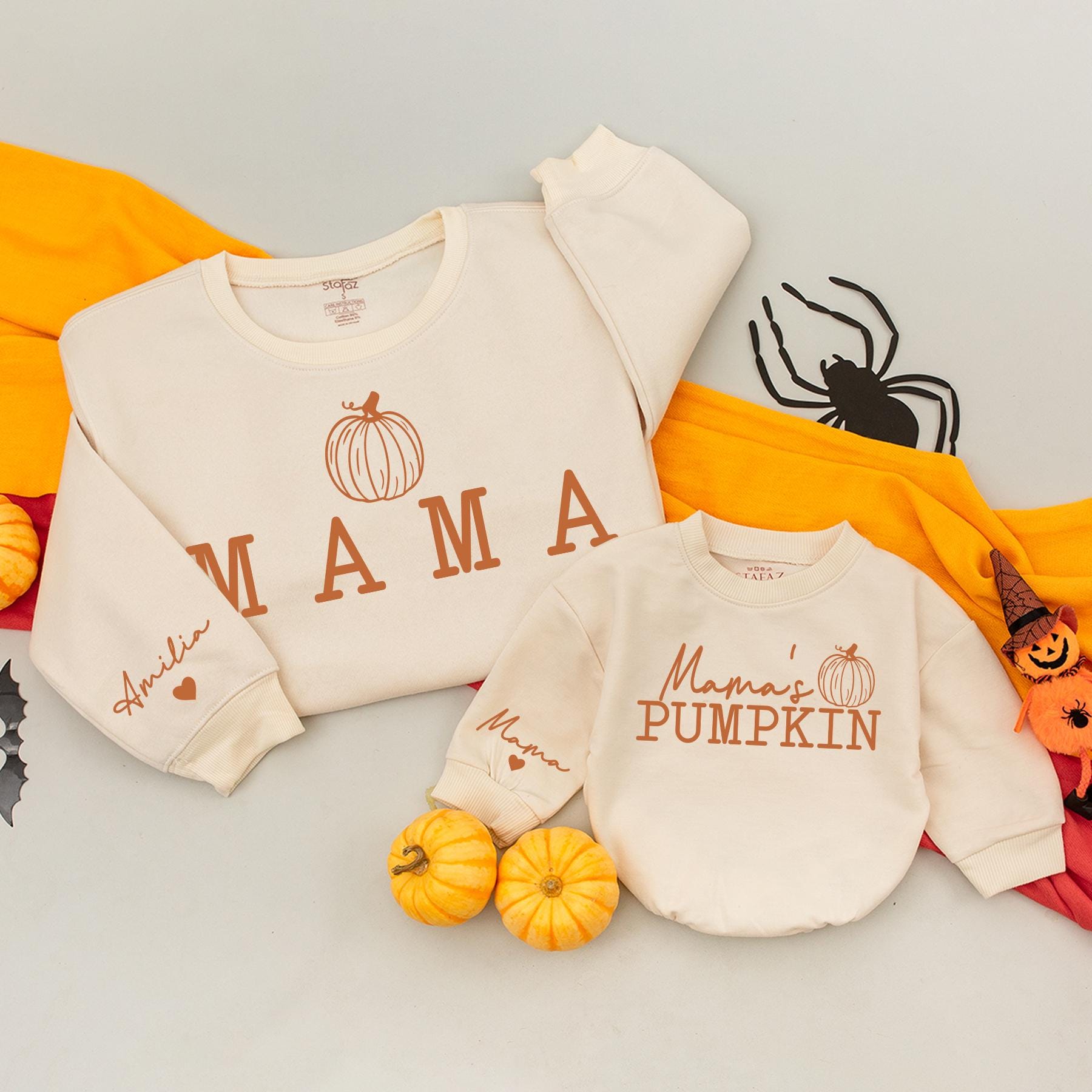 Personalized Mommy and Me Cozy Mama's Pumpkin Sweatshirt Romper Set Fall Matching Outfit First Halloween Thanksgiving Newborn Gift