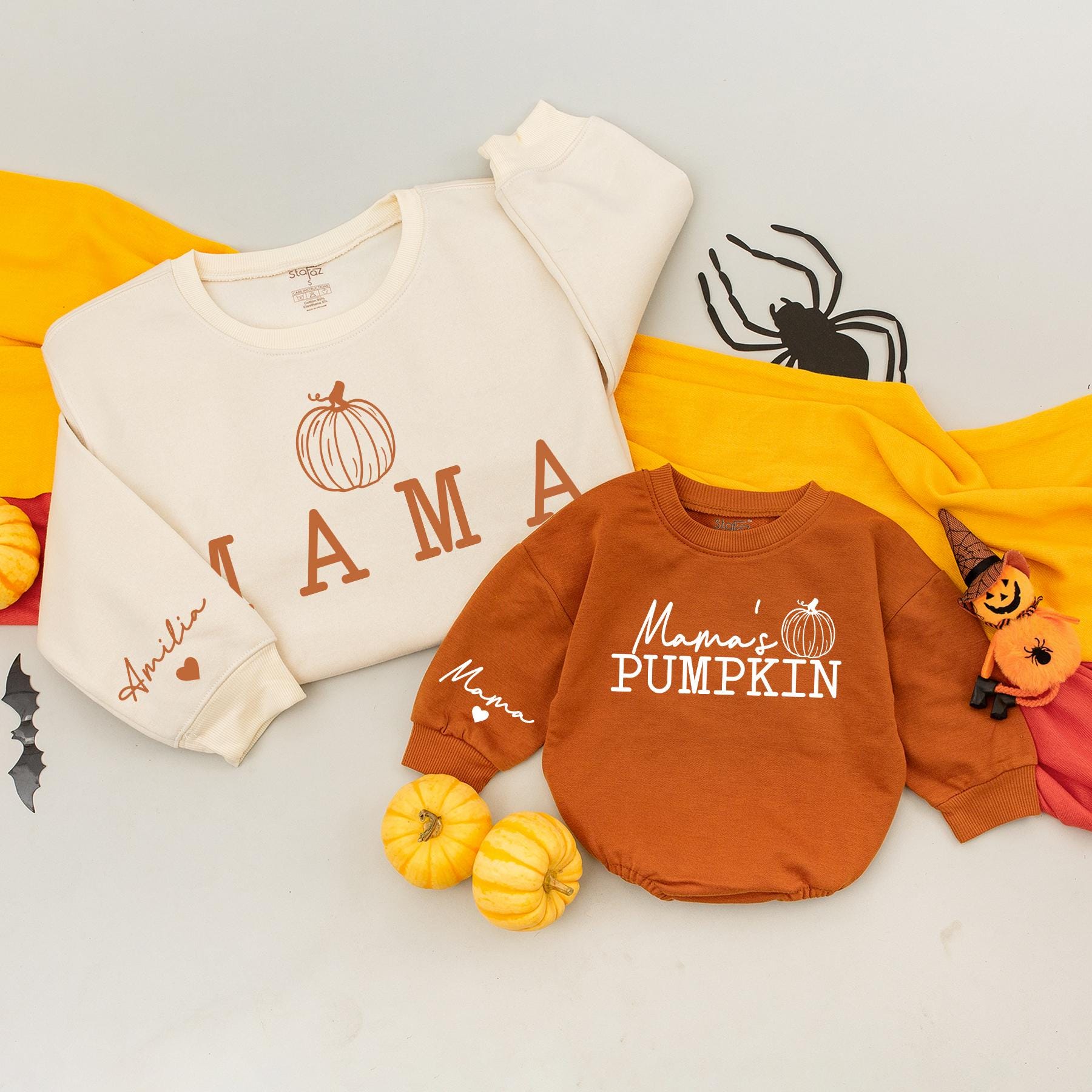 Personalized Mommy and Me Cozy Mama's Pumpkin Sweatshirt Romper Set Fall Matching Outfit First Halloween Thanksgiving Newborn Gift