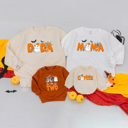Boo Im Two Spooky Ghost Halloween Birthday Sweatshirt for Toddler Baby Family Matching Outfit Mom Dad First Birthday