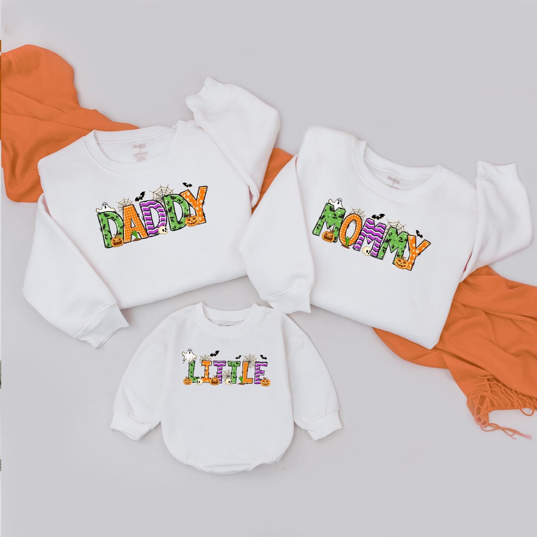 Personalized Family Halloween Matching Name Sweatshirt Ghost Birthday Outfit Baby Boy Bodysuit Fall Autumn Cozy Crew Shirt