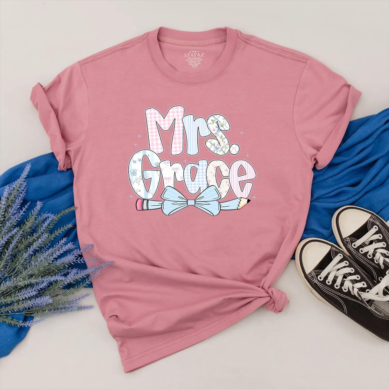 Personalized Teacher Shirt with Pencil Bow Design, Cute Back to School Outfit, First Day of School Clothes, Custom Gift for Teacher
