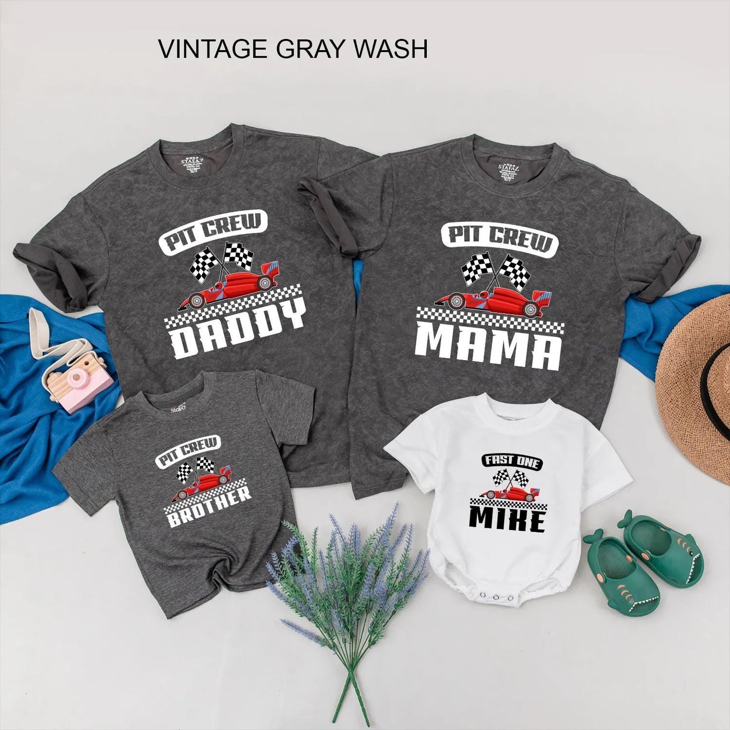 Custom Pit Crew Family Matching Race Day Shirts for 1st Birthday Party, Fast One Baby Boy Outfit and Race Car Theme Celebration Gift