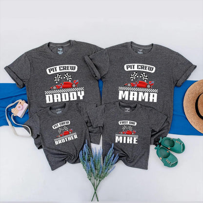 Custom Pit Crew Family Matching Race Day Shirts for 1st Birthday Party, Fast One Baby Boy Outfit and Race Car Theme Celebration Gift