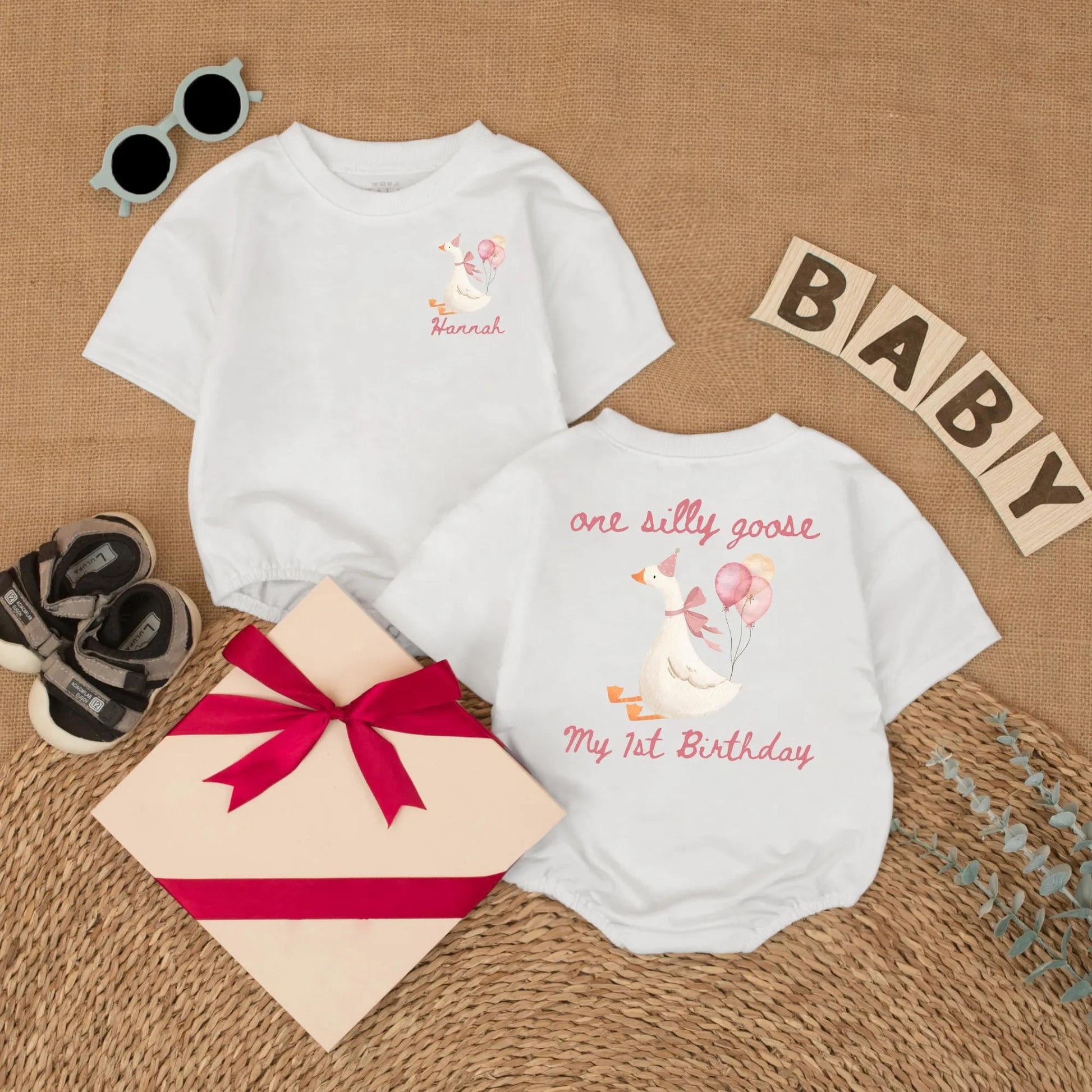 Personalized Pink Goose First Birthday Romper Baby Girl Outfit Funny Goose Themed Party Shirt Short Sleeve Bubble