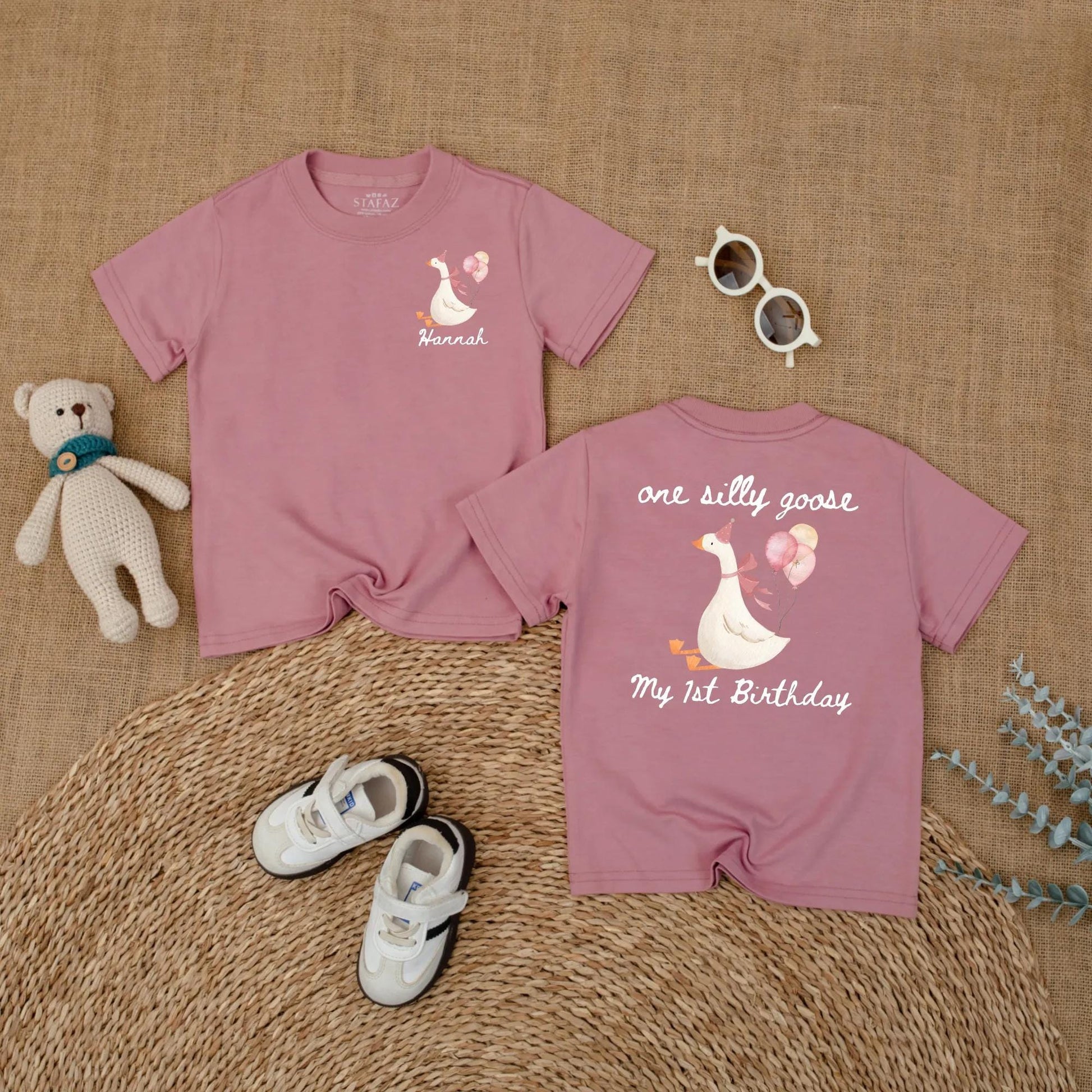 Personalized Pink Goose First Birthday Romper Baby Girl Outfit Funny Goose Themed Party Shirt Short Sleeve Bubble