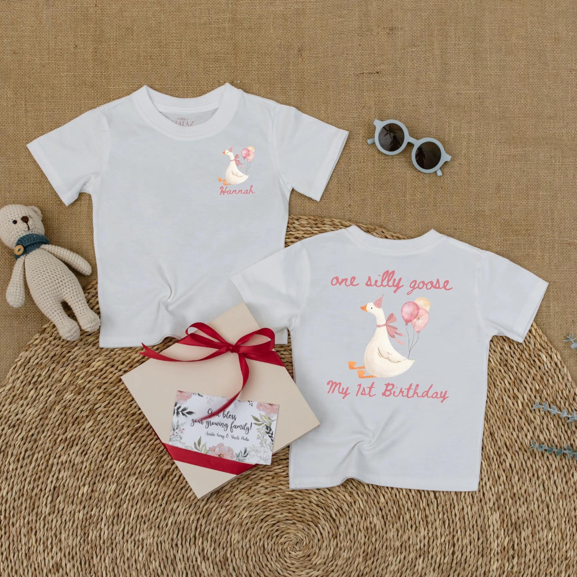 Personalized Pink Goose First Birthday Romper Baby Girl Outfit Funny Goose Themed Party Shirt Short Sleeve Bubble