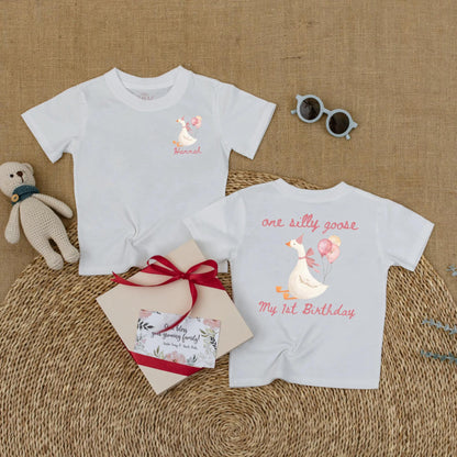 Personalized Pink Goose First Birthday Romper Baby Girl Outfit Funny Goose Themed Party Shirt Short Sleeve Bubble