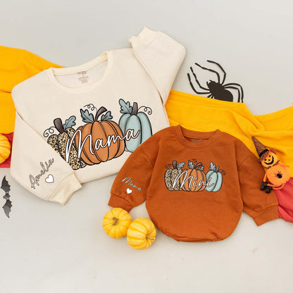 Personalized Mama Mini Pumpkin Matching Fall Sweatshirts Baby Infant Toddler Bodysuit Soft Cozy Family Outfits for Autumn Thanksgiving Season