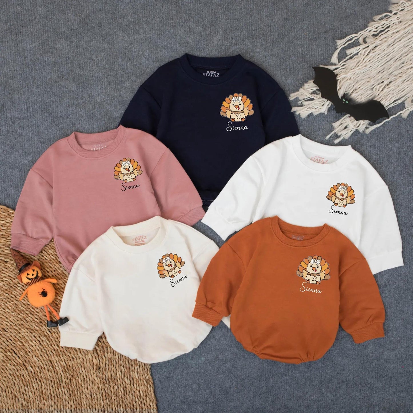 Thankful Fall Turkey Bubble Romper Baby Girl Personalized Thanksgiving Outfit Cute Custom Autumn Bodysuit Infant