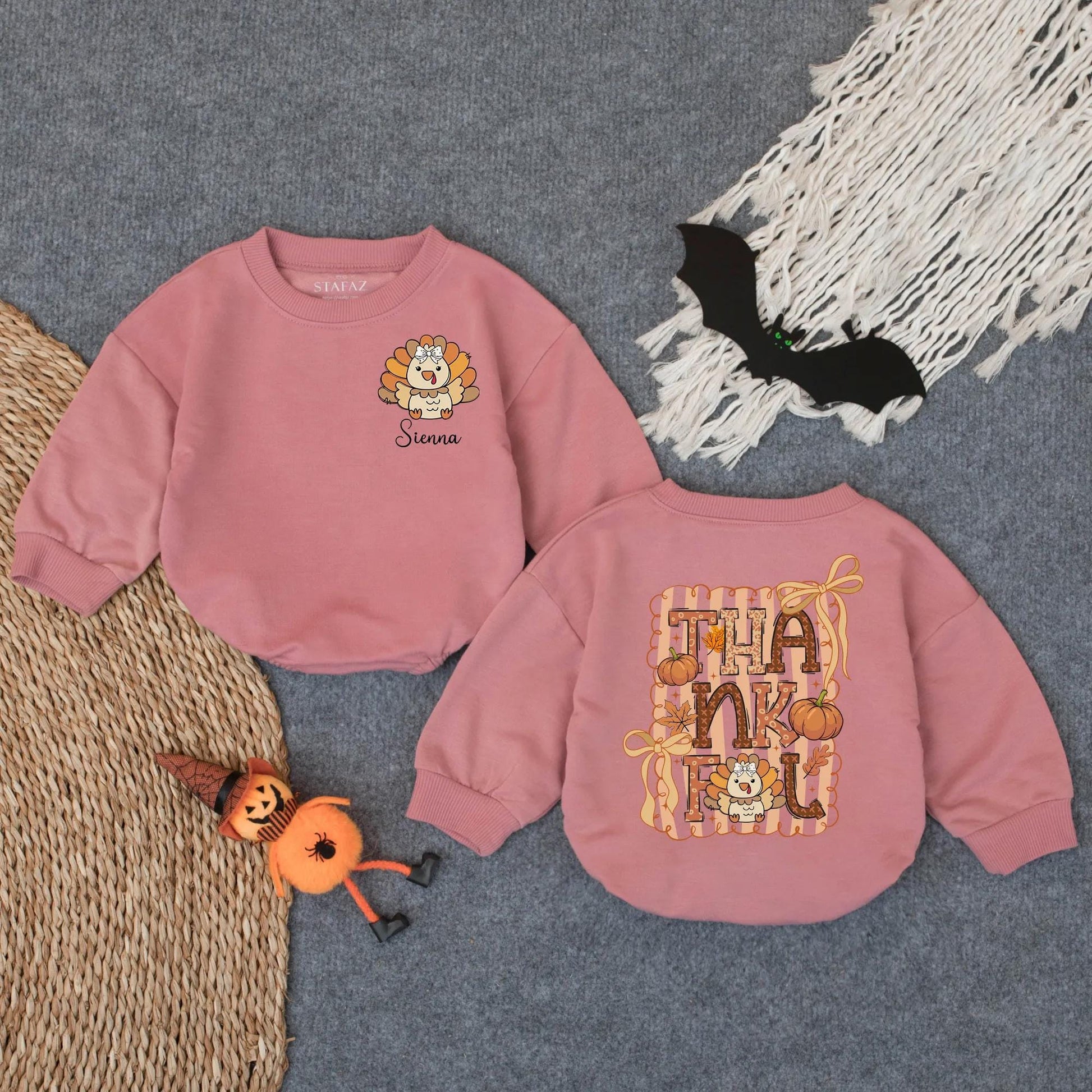 Thankful Fall Turkey Bubble Romper Baby Girl Personalized Thanksgiving Outfit Cute Custom Autumn Bodysuit Infant