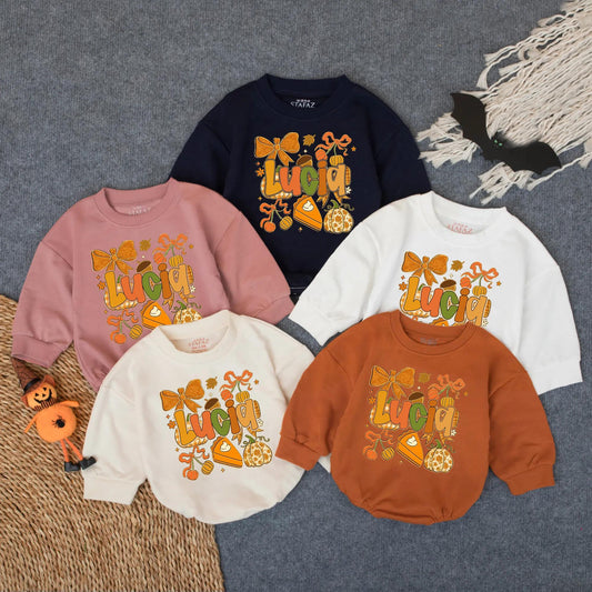 Personalized Pumpkin Glitter Romper Baby Girl's First Thanksgiving Outfit Fall Bubble Suit Custom Name Toddler Holiday Clothes