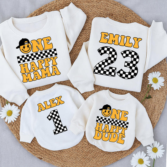 Matching Happy Dude 1st Birthday Outfit | Smiley Face Baseball Cap Design, Yellow & Black Checkered Flag Style, First Birthday Gift for Baby Boy