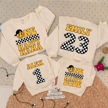 Matching Happy Dude 1st Birthday Outfit | Smiley Face Baseball Cap Design, Yellow & Black Checkered Flag Style, First Birthday Gift for Baby Boy