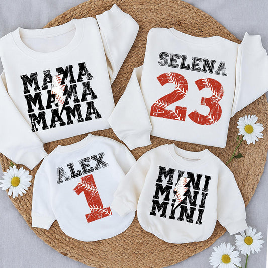 Custom Baseball Mama Sweatshirt & Mini Romper Set, Red & Black Distressed Design, Personalized Name & Number, Baseball Season Mom & Baby Matching Outfit
