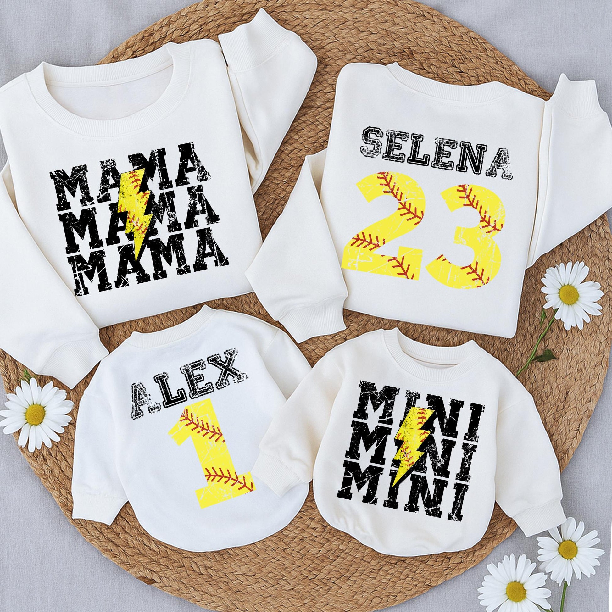 Personalized Softball Mama Mini Sweatshirt and Romper Set Distressed Vintage Sporty Game Day Mom Baby Outfits with Custom Name Number