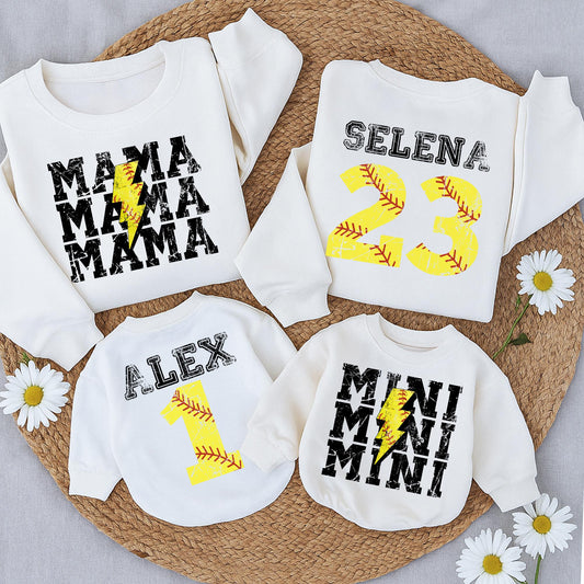 Personalized Softball Mama Mini Sweatshirt and Romper Set Distressed Vintage Sporty Game Day Mom Baby Outfits with Custom Name Number