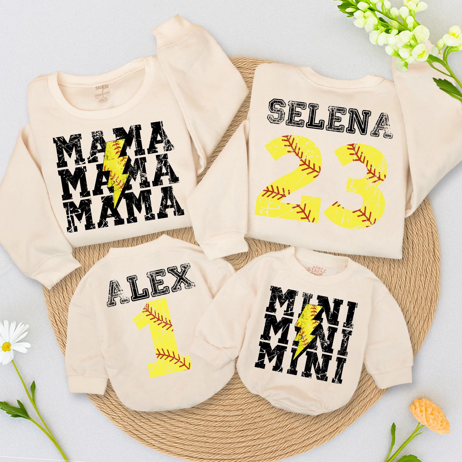 Personalized Softball Mama Mini Sweatshirt and Romper Set Distressed Vintage Sporty Game Day Mom Baby Outfits with Custom Name Number